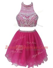 Fuchsia Empire Chiffon High-neck Sleeveless Beading Mini Length Zipper Homecoming Dress