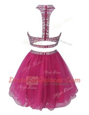 Fuchsia Empire Chiffon High-neck Sleeveless Beading Mini Length Zipper Homecoming Dress