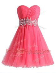 Hot Pink Lace Up Sweetheart Beading and Ruching Prom Dress Chiffon and Tulle Sleeveless