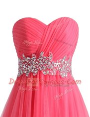 Hot Pink Lace Up Sweetheart Beading and Ruching Prom Dress Chiffon and Tulle Sleeveless