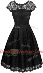 Super Scalloped Black Short Sleeves Knee Length Lace Zipper Prom Dress