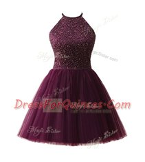 Dark Purple Chiffon Zipper Scoop Sleeveless Knee Length Prom Dress Beading