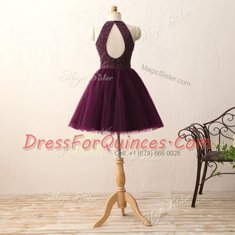 Dark Purple Chiffon Zipper Scoop Sleeveless Knee Length Prom Dress Beading