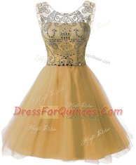 Glittering Scoop Sleeveless Prom Evening Gown Knee Length Beading Gold Chiffon