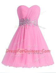 Modest Knee Length Rose Pink Dress for Prom Sweetheart Sleeveless Lace Up