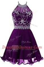 Purple Halter Top Neckline Beading Homecoming Dress Sleeveless Zipper