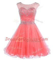 Scoop Sleeveless Mini Length Beading Watermelon Red Chiffon