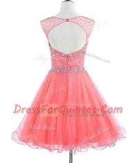 Scoop Sleeveless Mini Length Beading Watermelon Red Chiffon