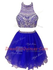 Royal Blue A-line Beading Prom Dresses Zipper Chiffon Sleeveless Mini Length