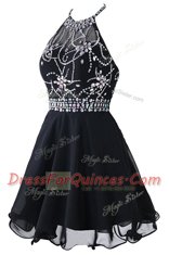 Scoop Sleeveless Organza Mini Length Zipper Homecoming Dress in Black with Beading and Belt