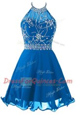 Cheap Scoop Blue Sleeveless Beading and Belt Mini Length Prom Party Dress