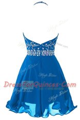 Cheap Scoop Blue Sleeveless Beading and Belt Mini Length Prom Party Dress