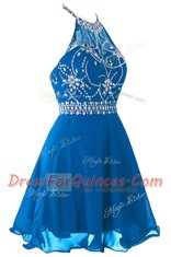 Cheap Scoop Blue Sleeveless Beading and Belt Mini Length Prom Party Dress