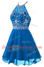 Cheap Scoop Blue Sleeveless Beading and Belt Mini Length Prom Party Dress