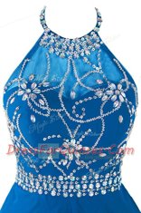 Cheap Scoop Blue Sleeveless Beading and Belt Mini Length Prom Party Dress