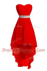 Fabulous Sweetheart Sleeveless Prom Evening Gown High Low Belt Red Organza