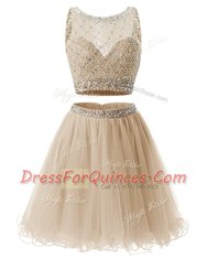 Fancy Champagne Organza Side Zipper Sweetheart Sleeveless Mini Length Prom Party Dress Beading and Belt