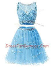 Stunning Sleeveless Mini Length Beading and Belt Side Zipper Prom Dress with Baby Blue