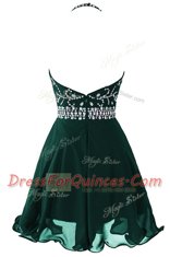 Fashion Scoop Dark Green Sleeveless Mini Length Beading and Belt Zipper Dress for Prom