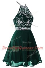 Fashion Scoop Dark Green Sleeveless Mini Length Beading and Belt Zipper Dress for Prom