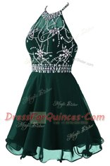 Fashion Scoop Dark Green Sleeveless Mini Length Beading and Belt Zipper Dress for Prom