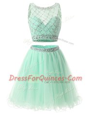 Discount Green Sleeveless Mini Length Beading and Belt Side Zipper Prom Gown