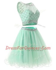 Discount Green Sleeveless Mini Length Beading and Belt Side Zipper Prom Gown
