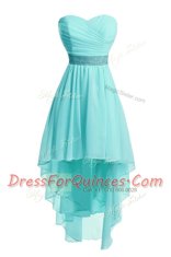 Enchanting Aqua Blue Sweetheart Lace Up Ruching and Belt Homecoming Dress Sleeveless