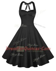 Excellent Black A-line Ruching Prom Evening Gown Backless Satin Sleeveless Knee Length