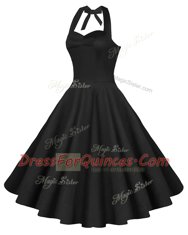 Excellent Black A-line Ruching Prom Evening Gown Backless Satin Sleeveless Knee Length