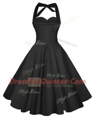 Excellent Black A-line Ruching Prom Evening Gown Backless Satin Sleeveless Knee Length