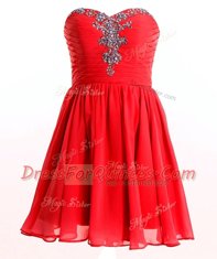 Red Empire Beading Prom Dress Lace Up Chiffon Sleeveless Mini Length