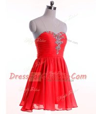 Red Empire Beading Prom Dress Lace Up Chiffon Sleeveless Mini Length