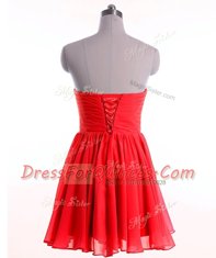 Red Empire Beading Prom Dress Lace Up Chiffon Sleeveless Mini Length