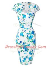 Fashionable Blue And White Column/Sheath Sweetheart Cap Sleeves Chiffon Knee Length Zipper Pattern and Belt Prom Dress