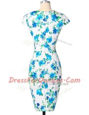Fashionable Blue And White Column/Sheath Sweetheart Cap Sleeves Chiffon Knee Length Zipper Pattern and Belt Prom Dress