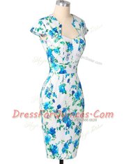 Fashionable Blue And White Column/Sheath Sweetheart Cap Sleeves Chiffon Knee Length Zipper Pattern and Belt Prom Dress