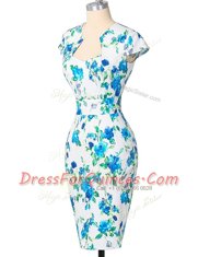Fashionable Blue And White Column/Sheath Sweetheart Cap Sleeves Chiffon Knee Length Zipper Pattern and Belt Prom Dress