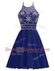Halter Top Navy Blue Zipper Evening Dress Beading Sleeveless Knee Length