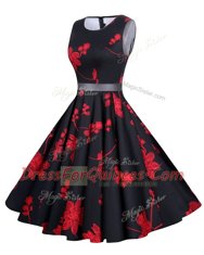 Scoop Knee Length Zipper Prom Dress Red And Black for Prom and Party with Sashes ribbons and Pattern