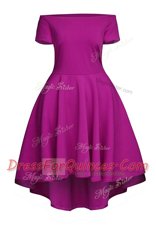 Inexpensive Ruching Prom Evening Gown Fuchsia Side Zipper Short Sleeves Tea Length