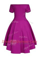 Inexpensive Ruching Prom Evening Gown Fuchsia Side Zipper Short Sleeves Tea Length