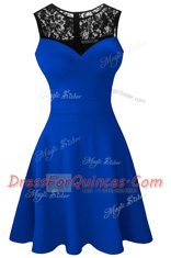 Scoop Sleeveless Satin Tea Length Zipper in Royal Blue with Lace