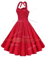 A-line Evening Dress Red Sweetheart Satin Sleeveless Knee Length Backless