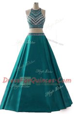 Edgy Scoop Sleeveless Floor Length Beading Zipper Dress for Prom with Dark Green