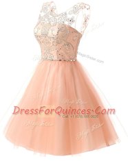 Peach A-line Scoop Sleeveless Chiffon Knee Length Zipper Beading Dress for Prom