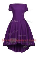 Discount Purple Short Sleeves Tea Length Ruching Side Zipper Dress for Prom