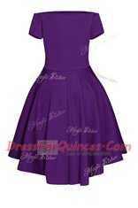 Discount Purple Short Sleeves Tea Length Ruching Side Zipper Dress for Prom