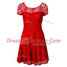 Empire Prom Dresses Red Scoop Organza Short Sleeves Tea Length Side Zipper