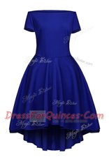 Dazzling Blue Satin Side Zipper Bateau Short Sleeves Tea Length Homecoming Dress Ruching